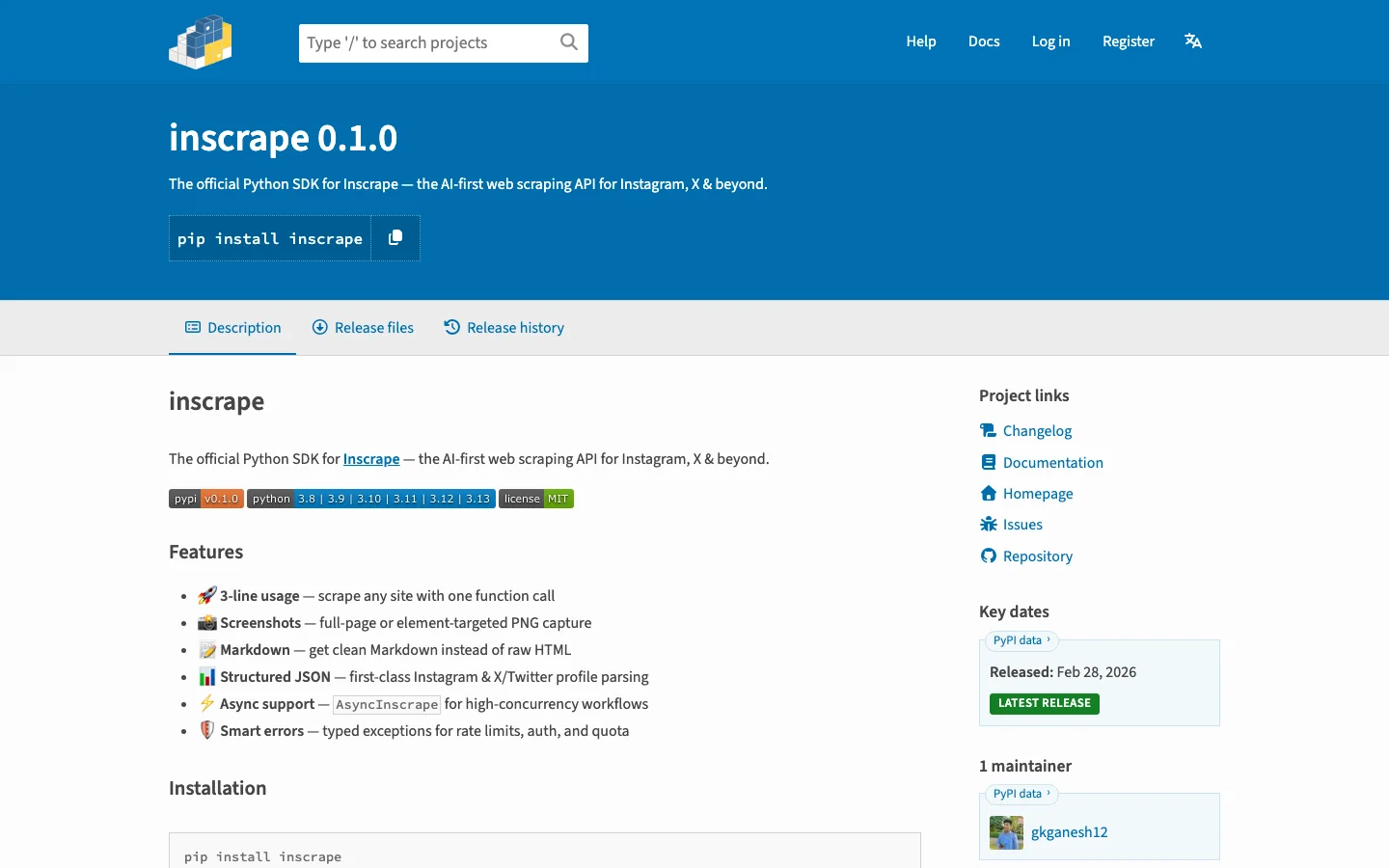Inscrape package page on the Python Package Index