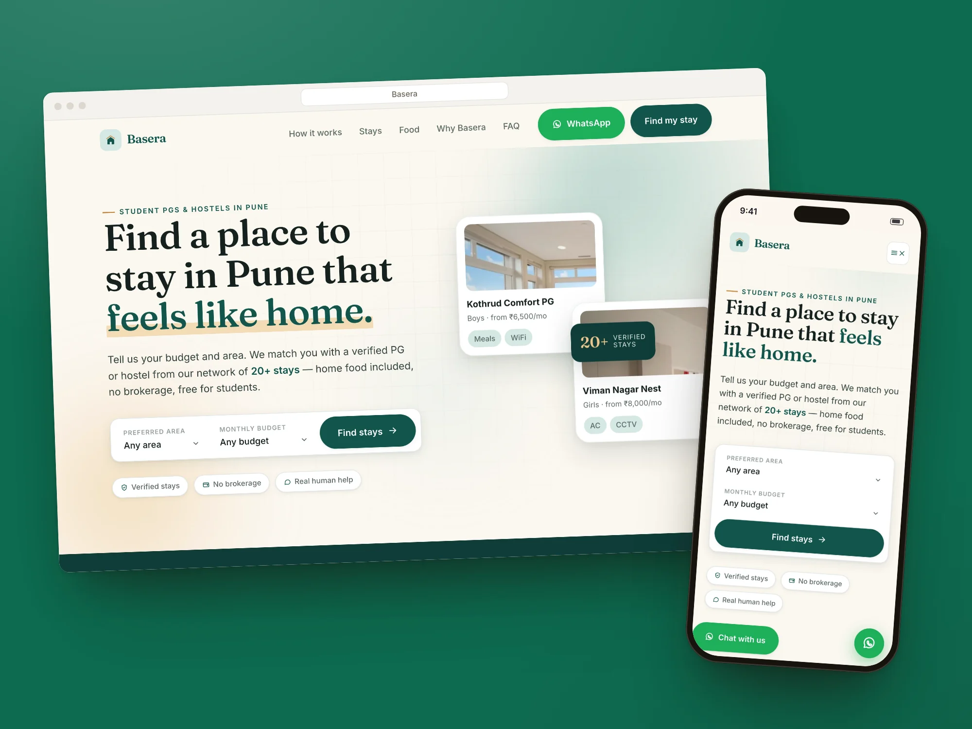 Basera student housing finder on desktop and phone