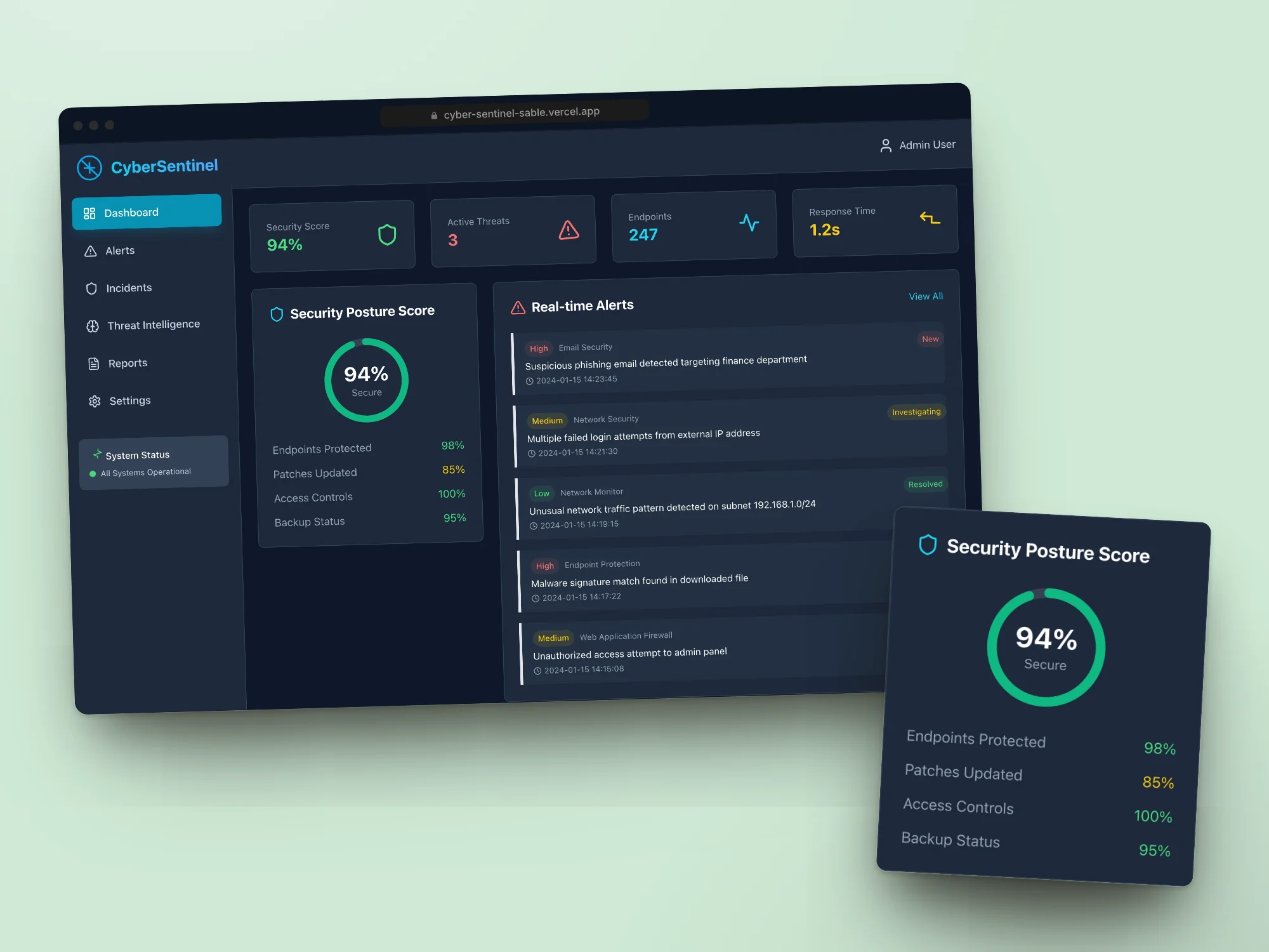 CyberSentinel security dashboard with posture score and alert feed, on sample data