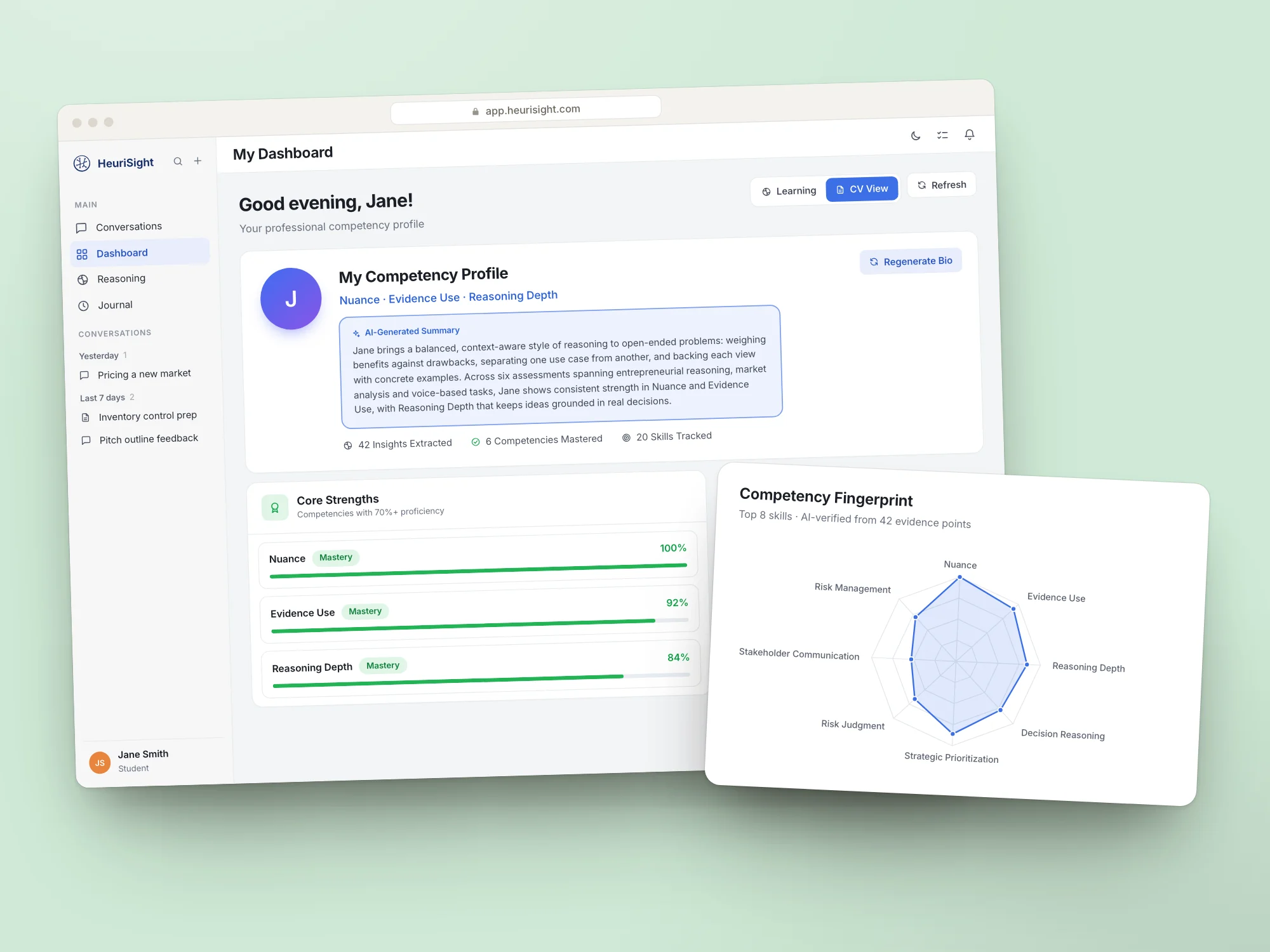 HeuriSight competency profile and fingerprint, shown with a sample learner