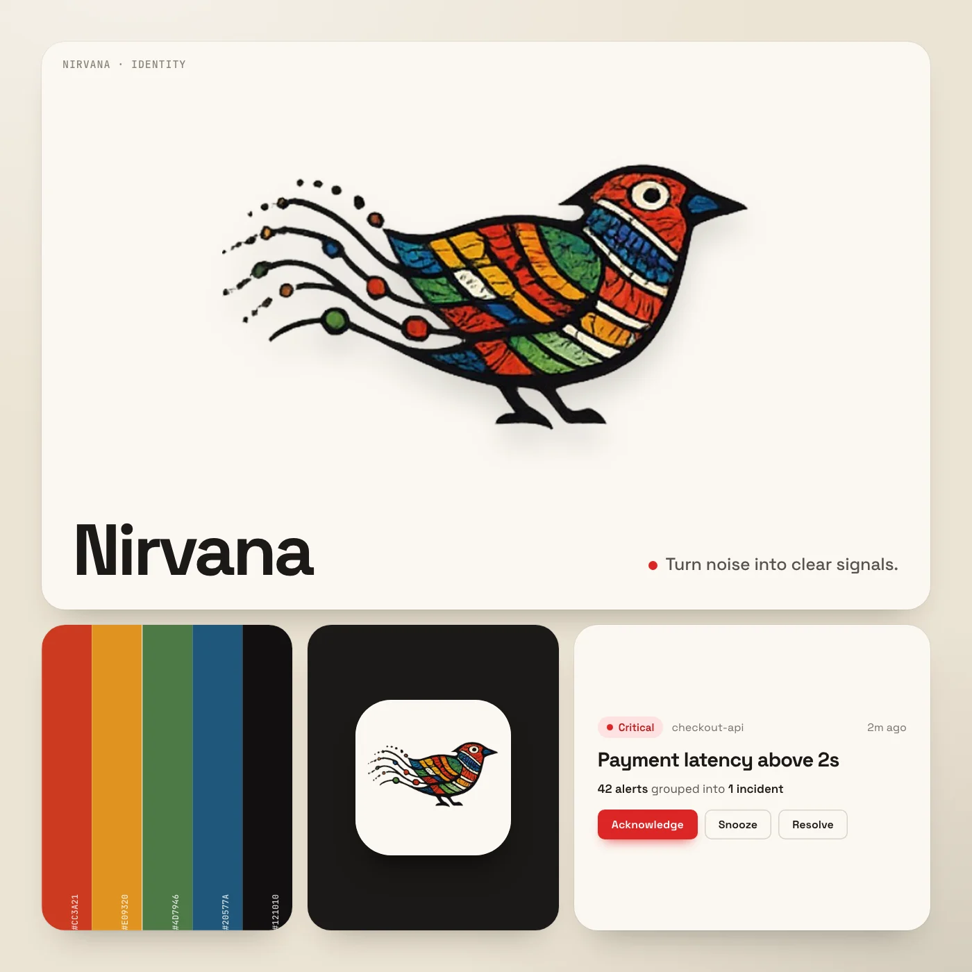 Nirvana identity: bird mark, wordmark, colours, app icon and an alert card
